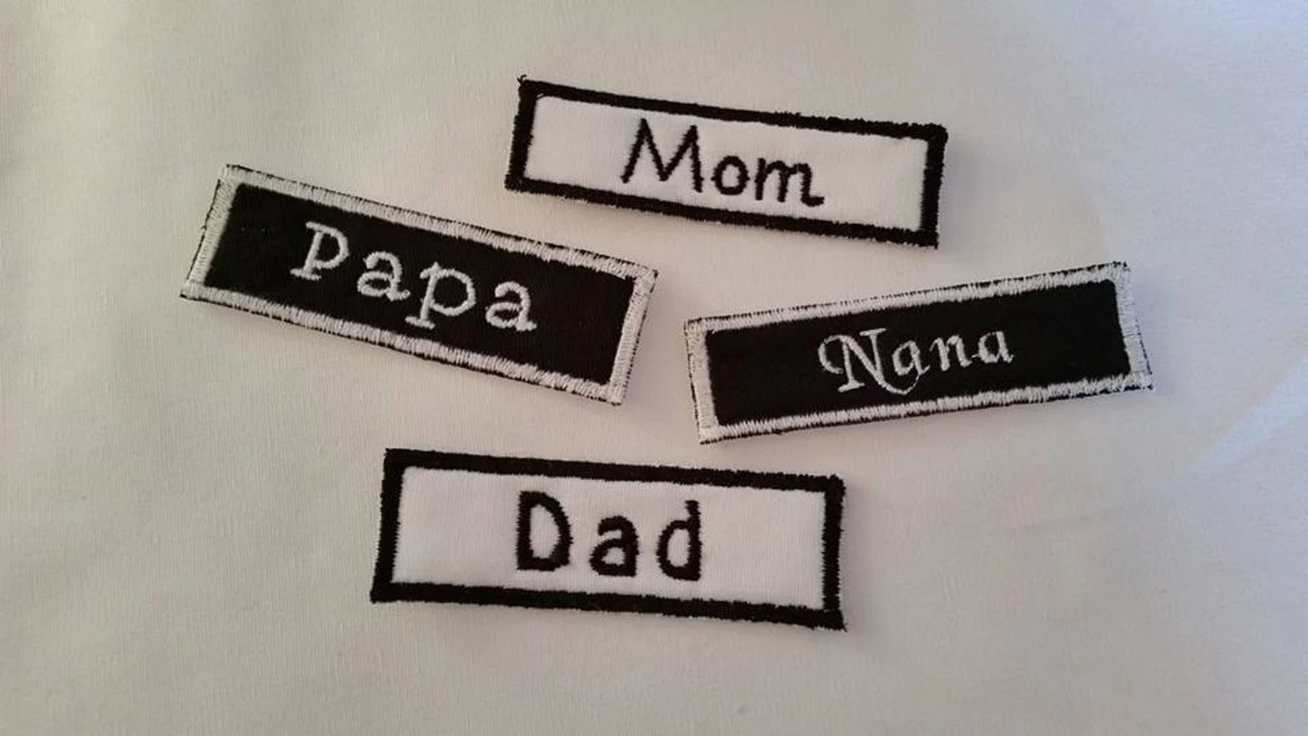 1x3 Mini Name Patch Name Patches - Iron On - Rectangle shaped with Straight Edges - Biker Tags Sew On Tag