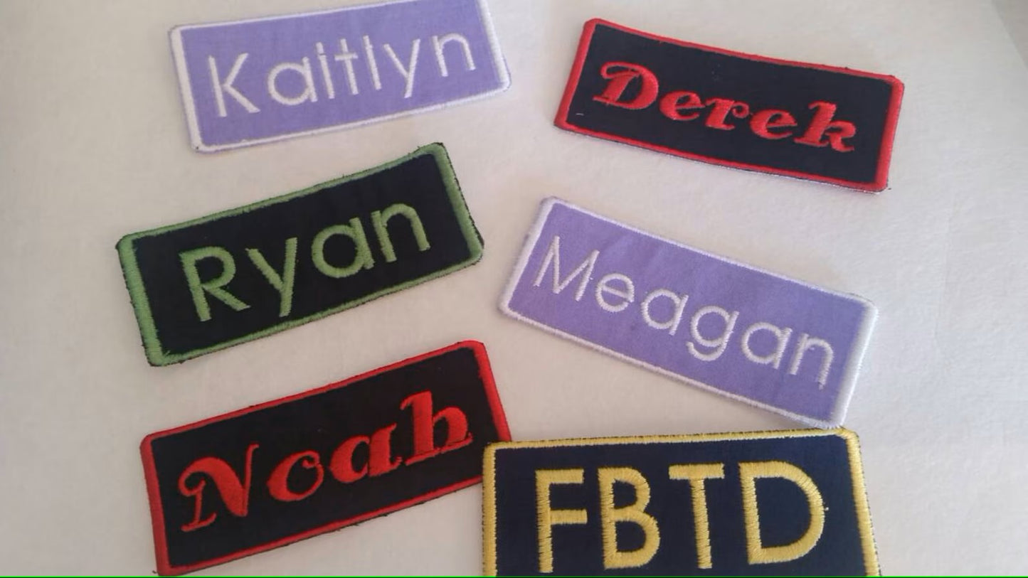 Custom Embroidered Name Patches 1 1/2 x 3 3/4 inches / Biker Tags / Iron On / Name Tag / Bookbag Tag